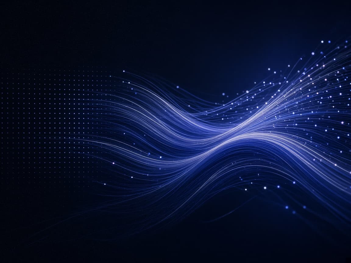 Abstract artwork: accent threads leaving an ordered grid and fanning out into glowing nodes.
