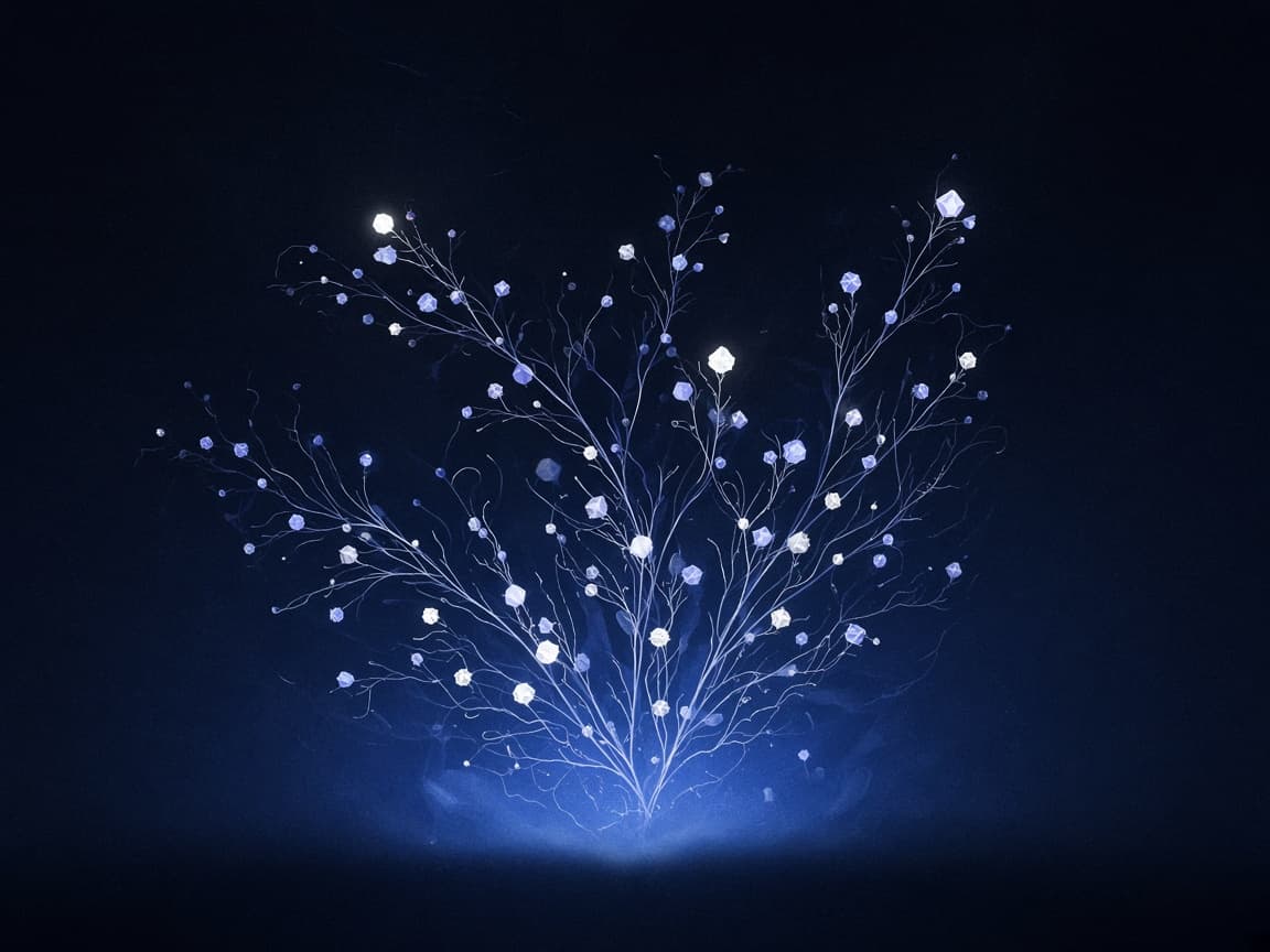 Abstract artwork: small luminous forms branching upward from a dark ground.